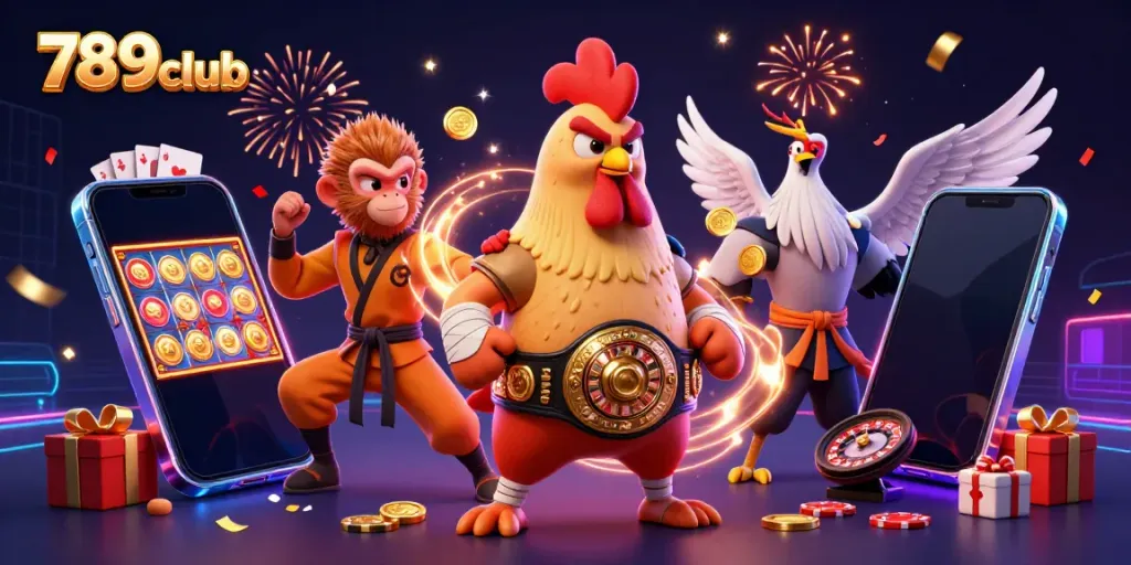 Experience thrilling gaming action in 789club with vibrant 3D casino characters and dynamic slot elements.