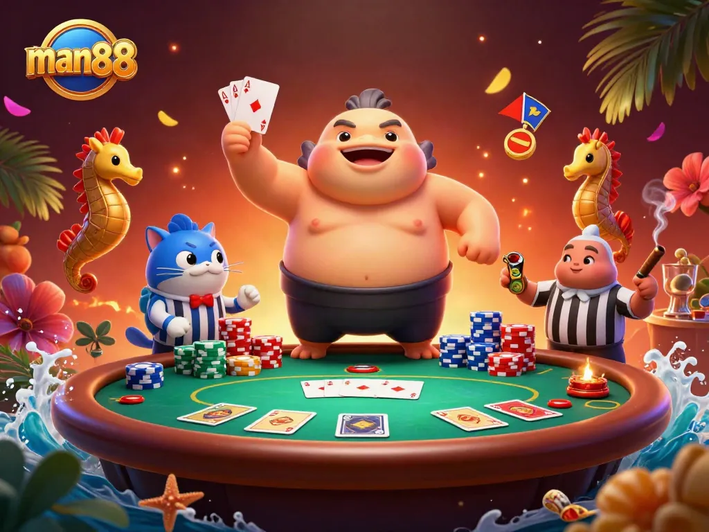 Engage in thrilling gaming at man88 with a dynamic underwater poker scene featuring unique characters.