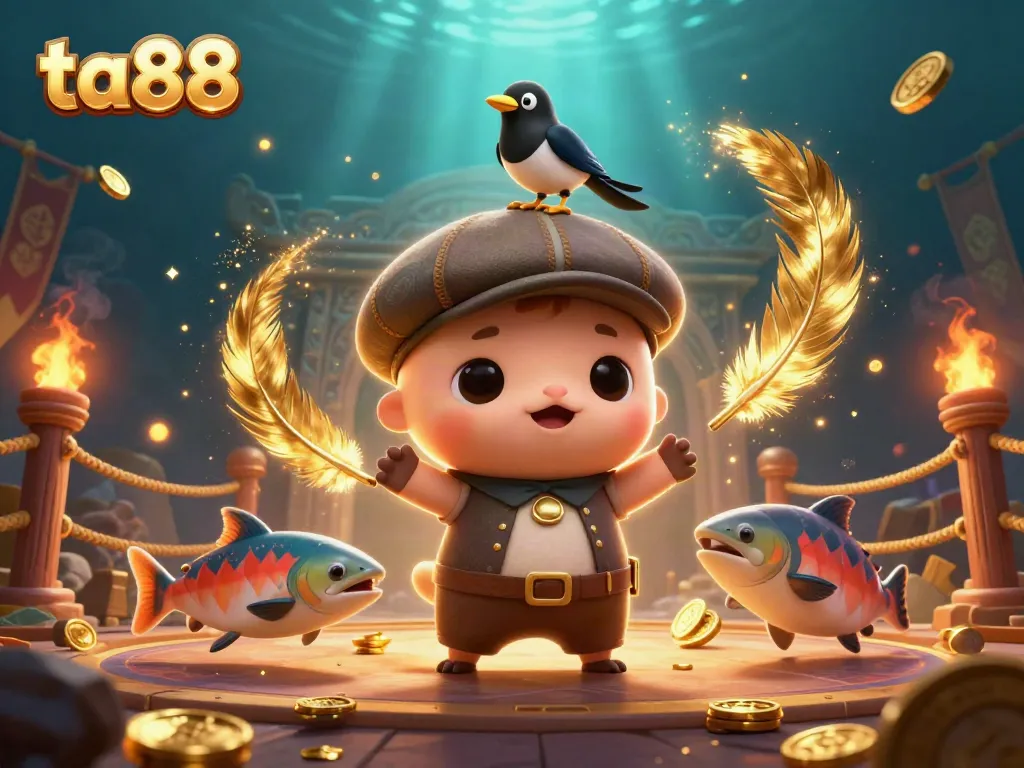 Bet, play, and win at ta88 with cartoon Nessie and gold coins scattered all around.