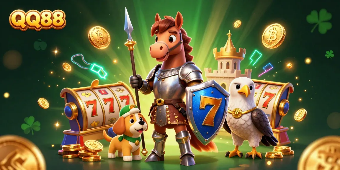 Engage in exciting slots with QQ88's vibrant casino theme featuring a knight and squire surrounded by glowing coins.