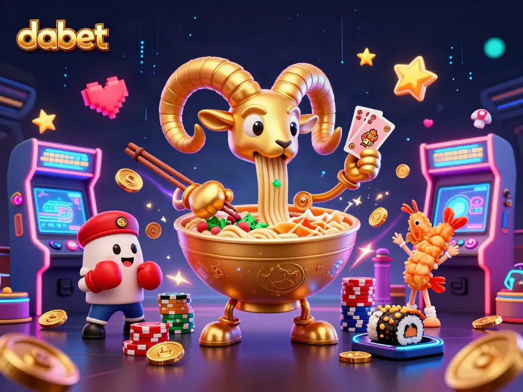 Bet at DABET with a vibrant casino scene featuring a giant ramen bowl dealer surrounded by colorful arcade elements.
