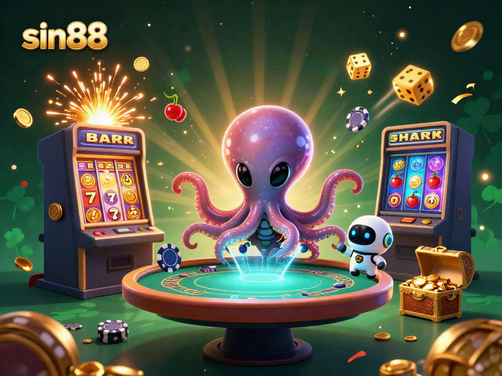 Engage with sin88's thrilling casino entertainment, featuring a vibrant alien octopus at a holographic poker table.