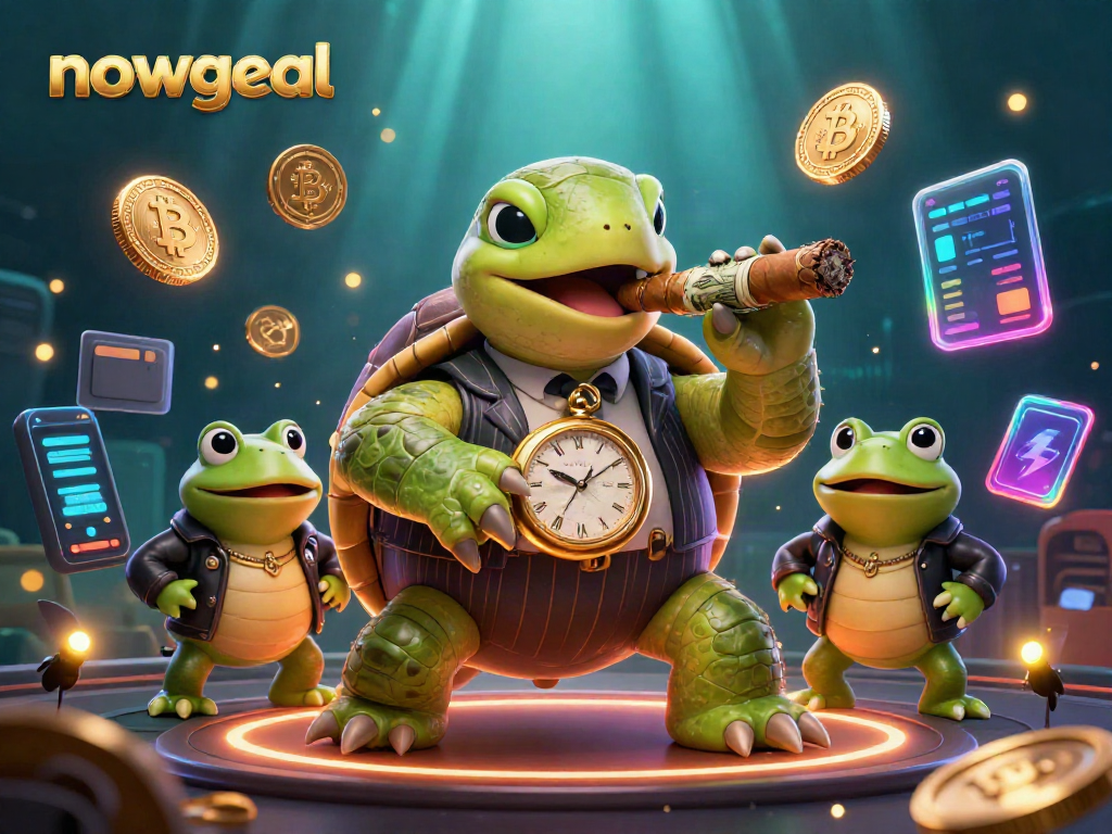Engaging scene featuring nowgoal's mascot turtle and enforcers surrounded by vibrant gambling elements.