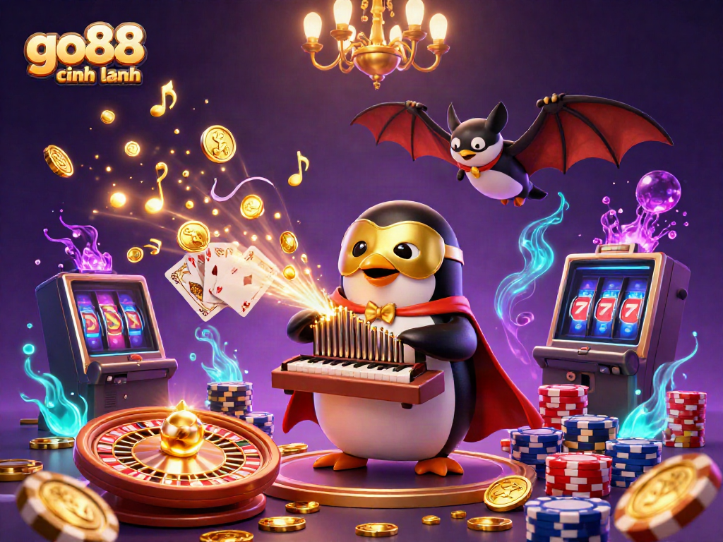 Experience gaming excitement with go88 chính hãng as a penguin plays music while coins shower down.