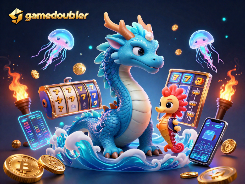Engage with gamedoubler while enjoying a vibrant 3D scene featuring colorful characters and casino elements.