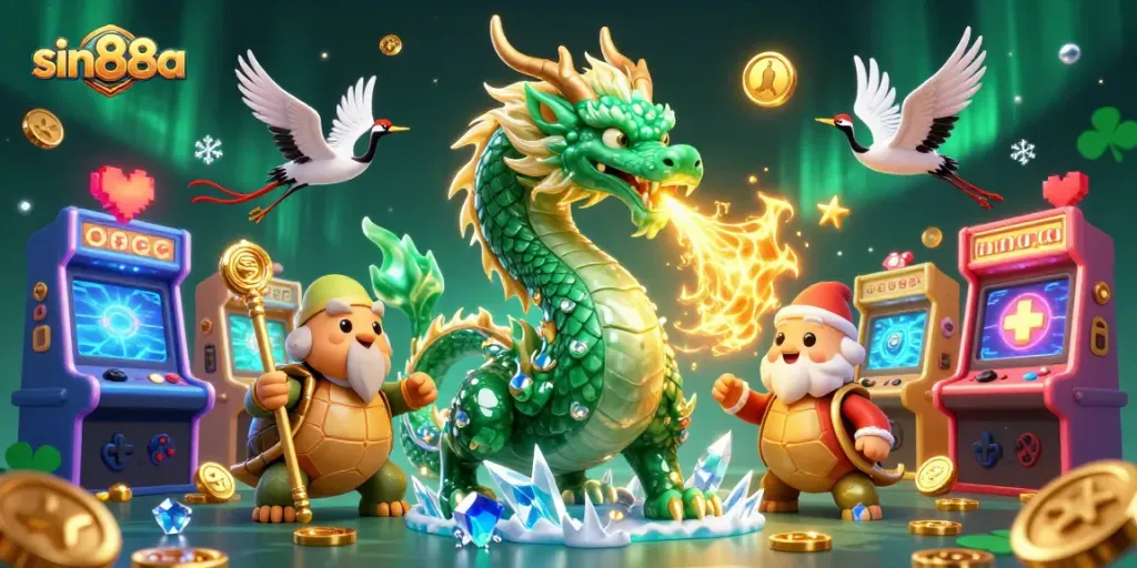 Engage in thrilling gameplay at sin88a with a vibrant scene of a jade dragon and wise turtle amidst dynamic casino elements.