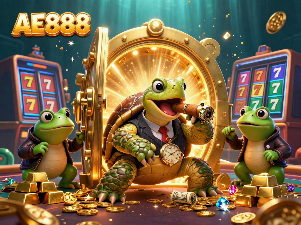 Experience the excitement of AE888 with a creative casino scene featuring characters and vibrant gaming elements.