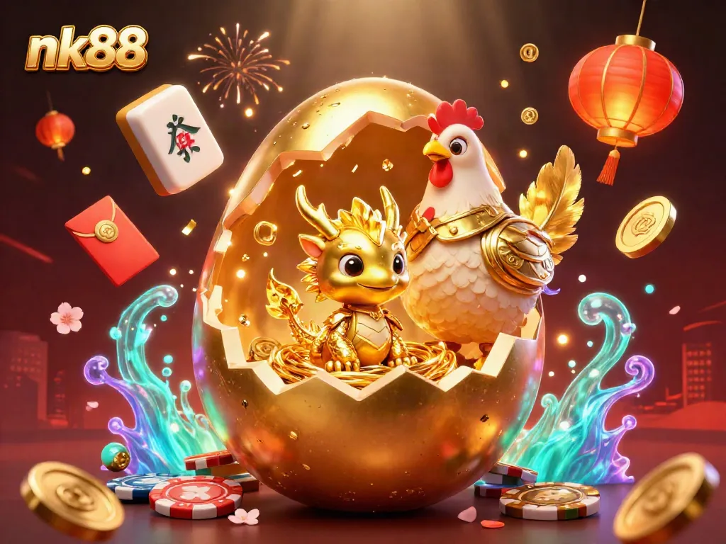 Experience the thrill of nk88 with a dazzling golden dragon and poker chips in a vibrant casino scene.