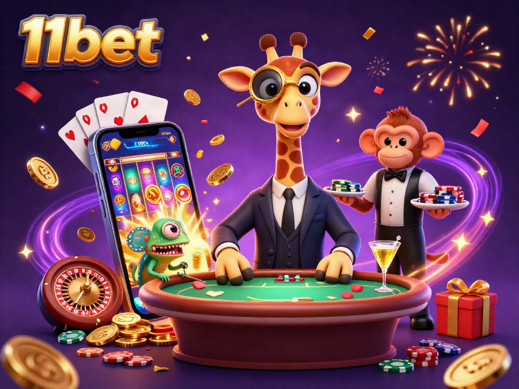Engage with 11bet's vibrant casino atmosphere featuring a giraffe at a poker table, golden coins, and colorful slot games