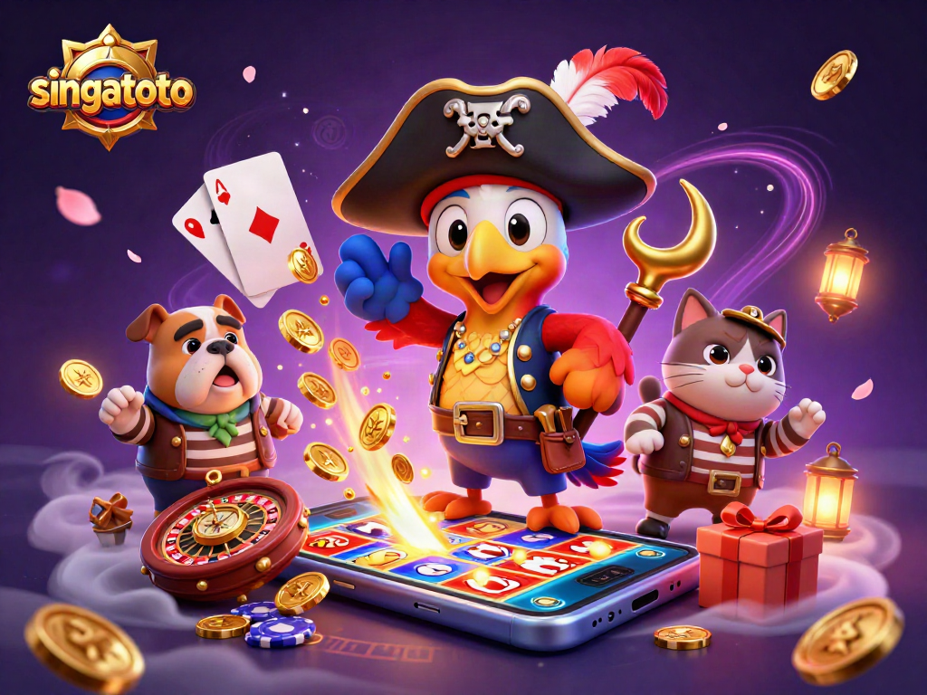 singatoto pirate captain navigates a vibrant casino scene with spinning reels and coins.