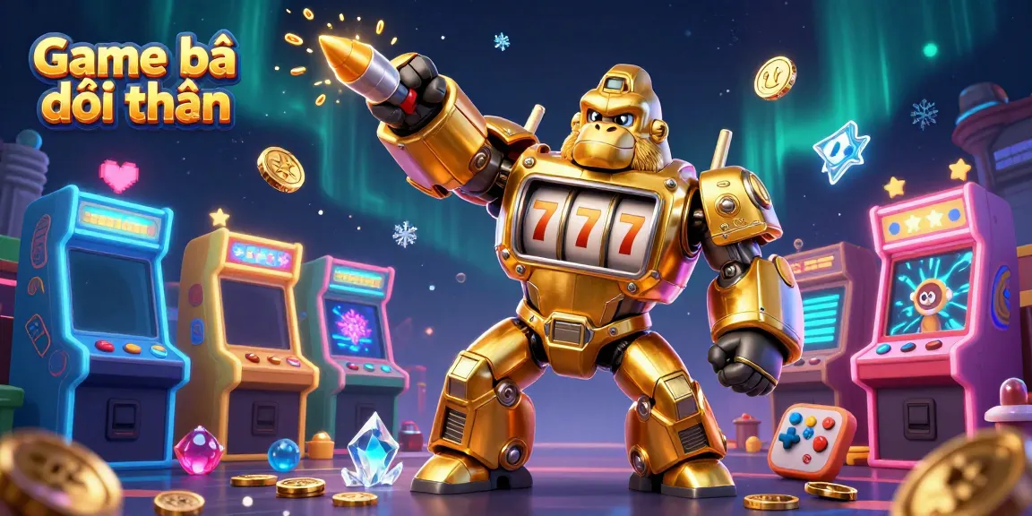 Experience the excitement of Game bài đổi thưởng with a high-energy 3D illustration showcasing a golden gorilla mech and vibrant gaming elements.