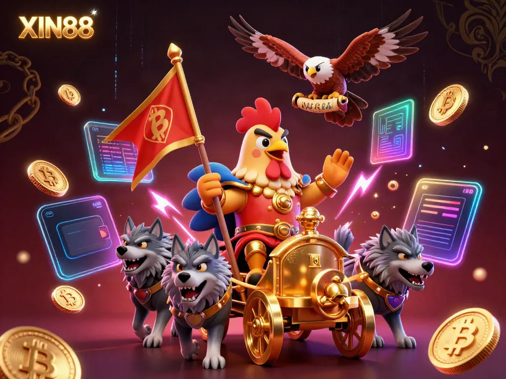 Engage with XIN88's vibrant 3D casino adventure featuring a rooster warlord and crypto elements.