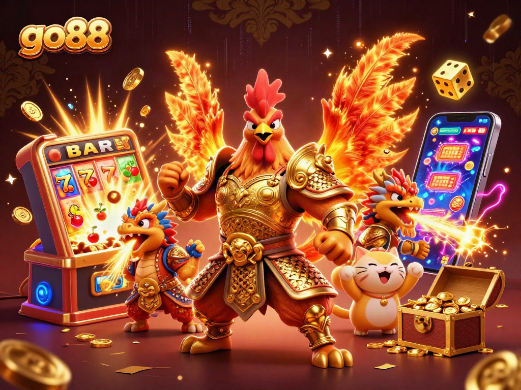 Experience the excitement of go88 with a vibrant casino illustration featuring fortune cat, rooster warrior, and dragon.