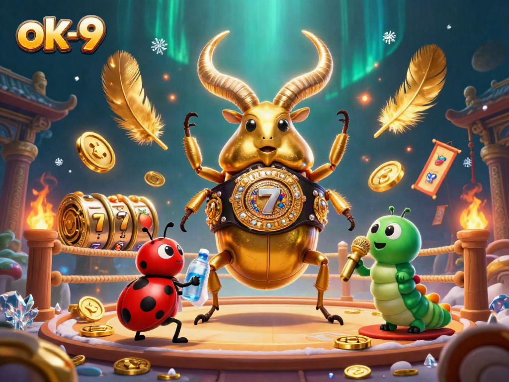 Engage with thrilling ok-9 slots as a giant golden stag beetle enters a boxing match in a vibrant casino setting.