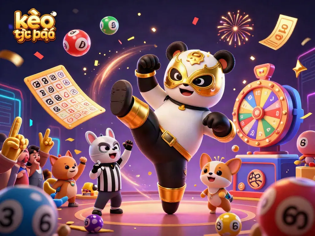 Experience thrilling kèo trực tuyến action with a flying panda wrestler and energetic animal crowd.