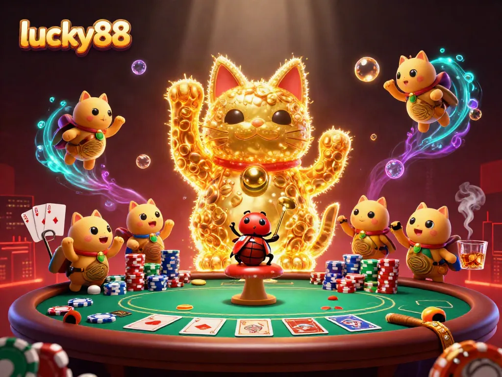 Experience thrilling gameplay with lucky88, featuring a vibrant lucky cat and poker elements.