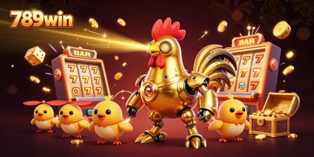 Engage with 789win through an animated 3D illustration featuring a futuristic golden rooster robot amidst a casino jackpot explosion.
