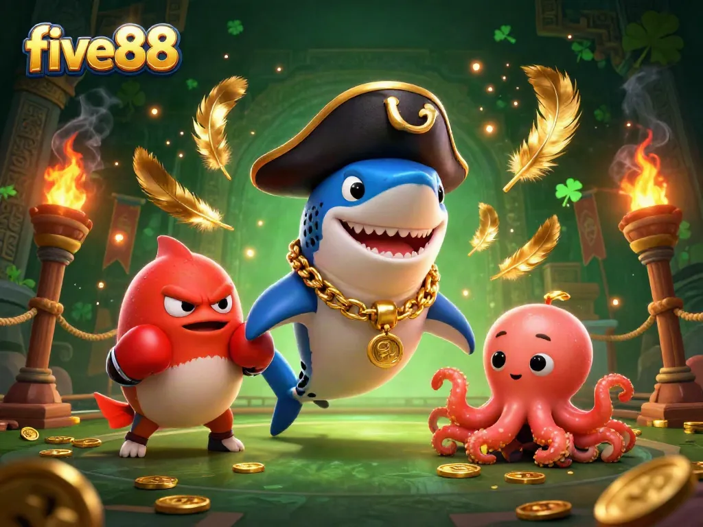 Play exciting slots and win big at five88 with a vibrant casino scene featuring animated characters.