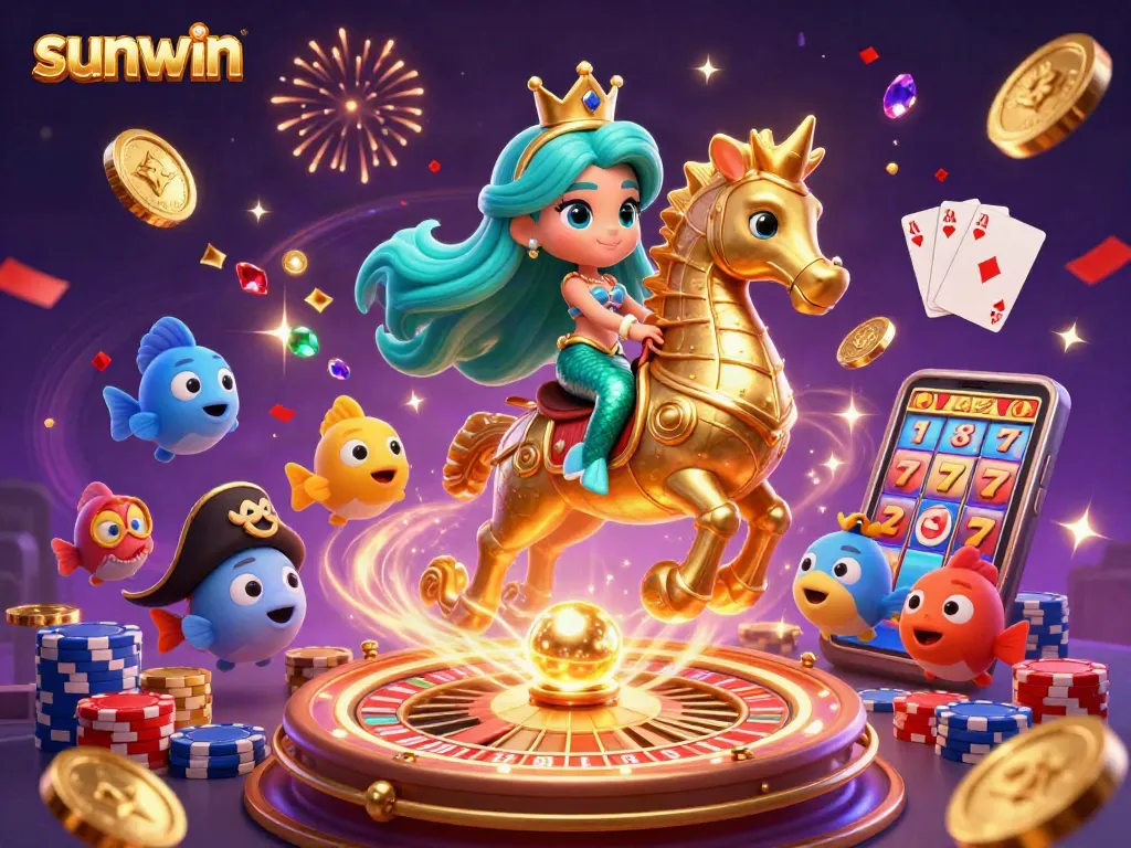 Experience the excitement of sunwin with vibrant visuals of a mermaid and seahorse at a dynamic casino scene.