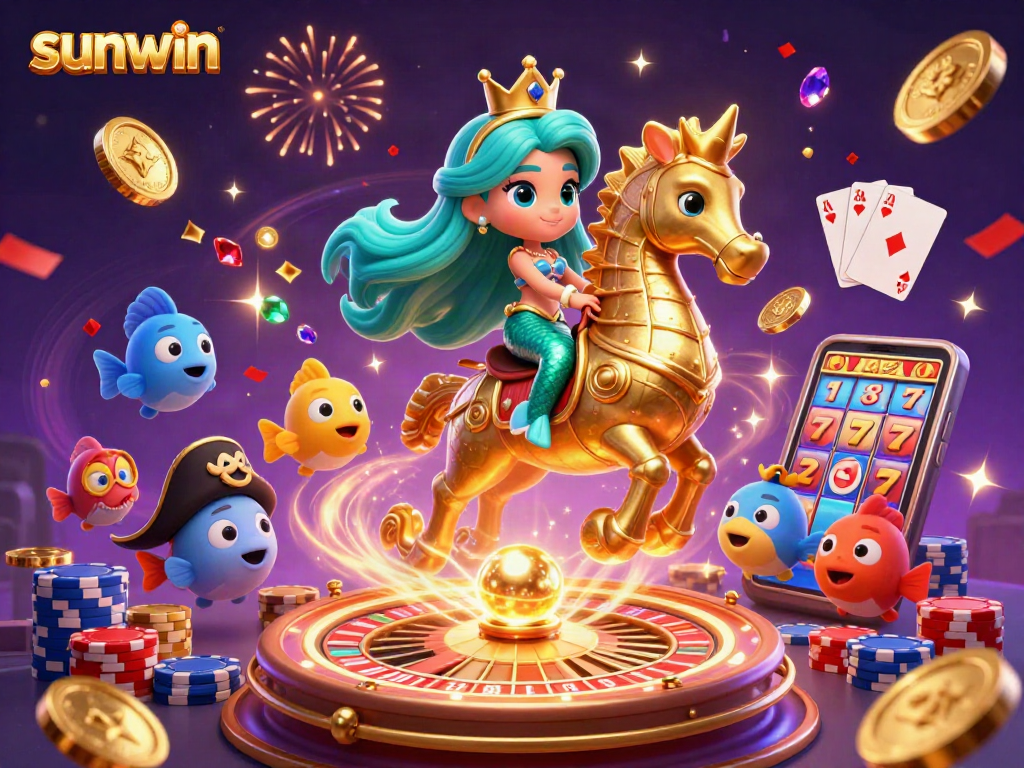 Experience the excitement of sunwin with vibrant visuals of a mermaid and seahorse at a dynamic casino scene.