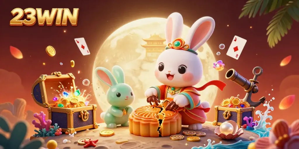 23WIN casino scene featuring a moon rabbit with poker chips amidst underwater treasures and glowing coral.