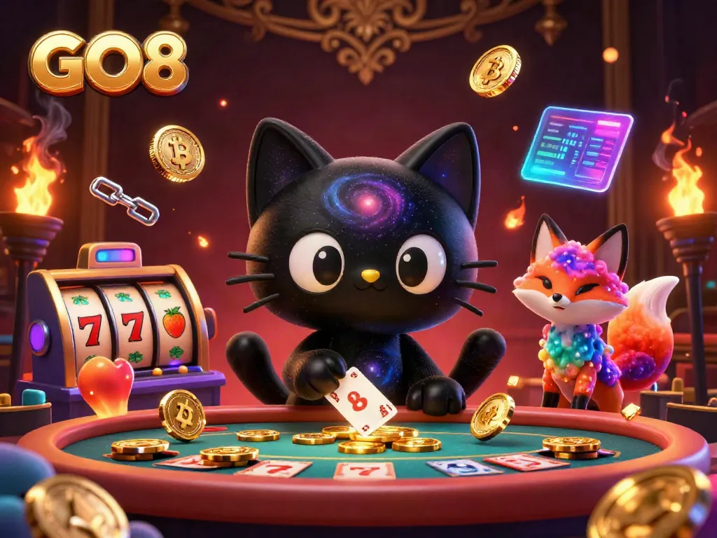 Experience the thrill of GO8 with a cosmic casino scene featuring a black hole cat and colorful elements.