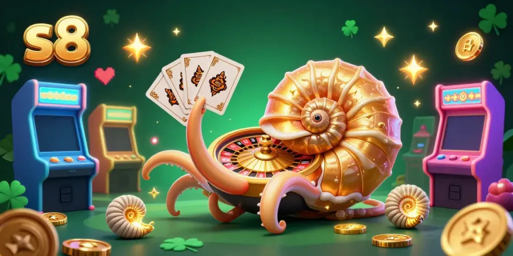 Experience thrilling gameplay with S8's nautilus roulette wheel and vibrant gaming elements in this dynamic casino illustration.
