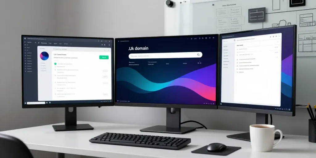 .uk domain registration showcased in a modern developer workspace with advanced tech elements and software development tools.