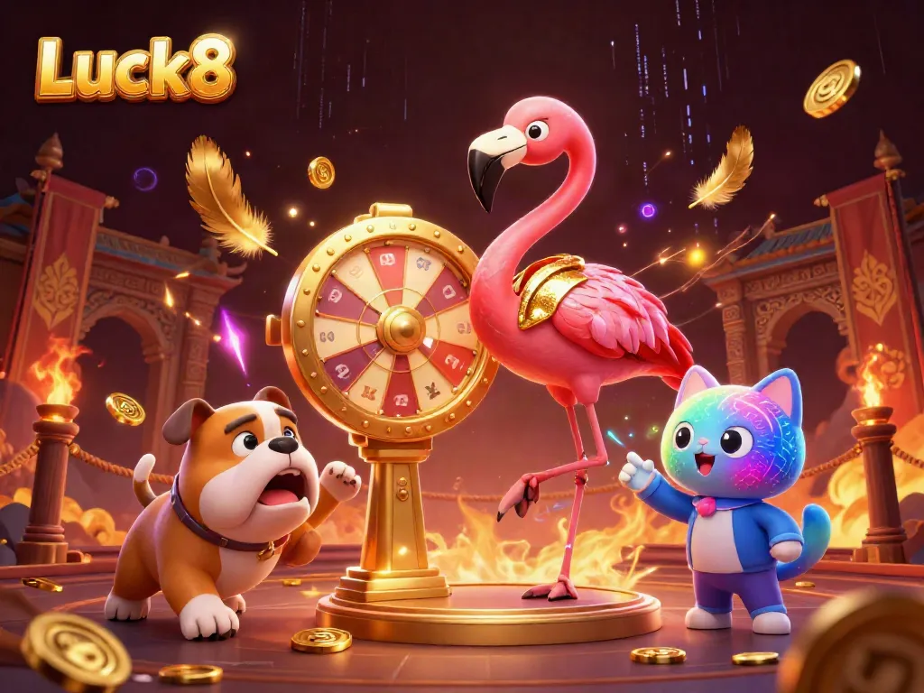 Luck8 contestants celebrate as they spin the golden prize wheel in a vibrant casino-themed scene.
