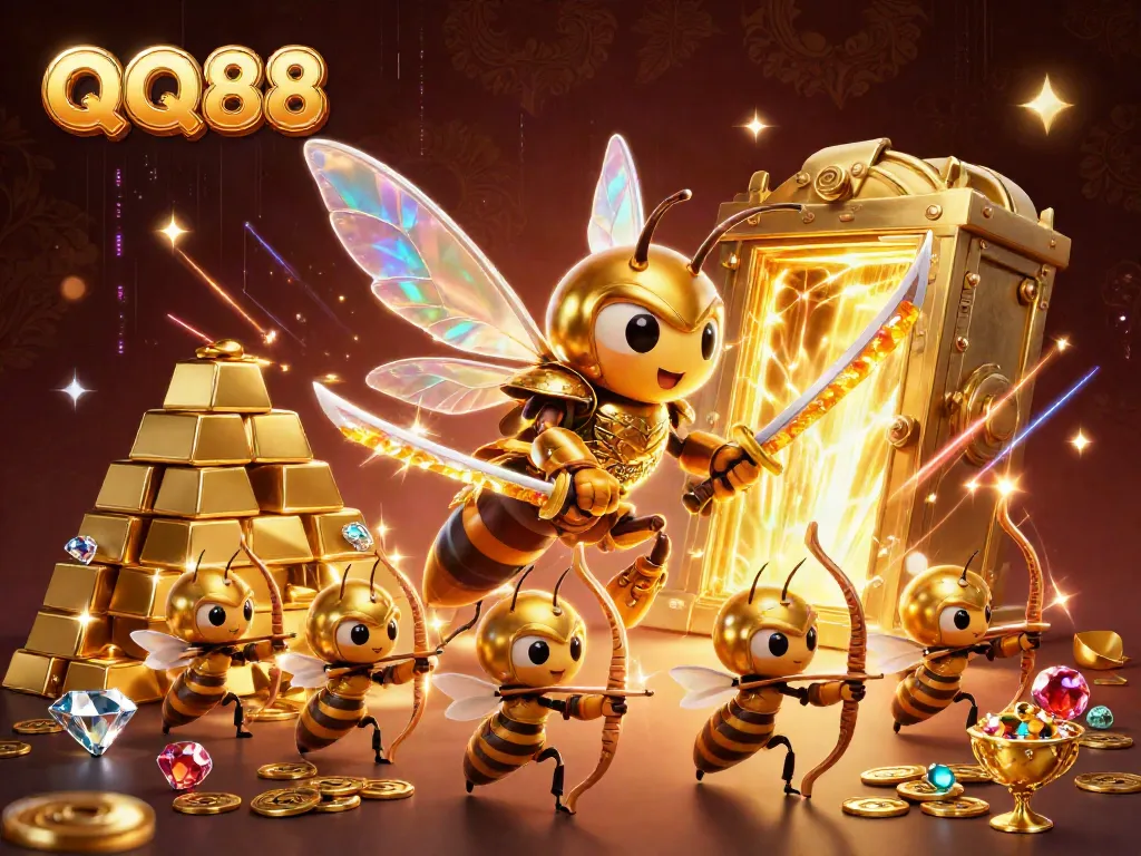 Experience thrilling gameplay with QQ88, illustrated by a golden hornet samurai and bee archers amidst treasures.