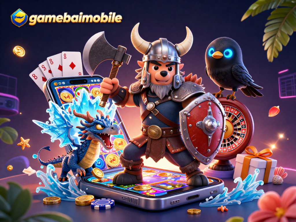 gamebaimobile features an epic scene with a Viking wolf warrior, dragon, and raven among casino elements