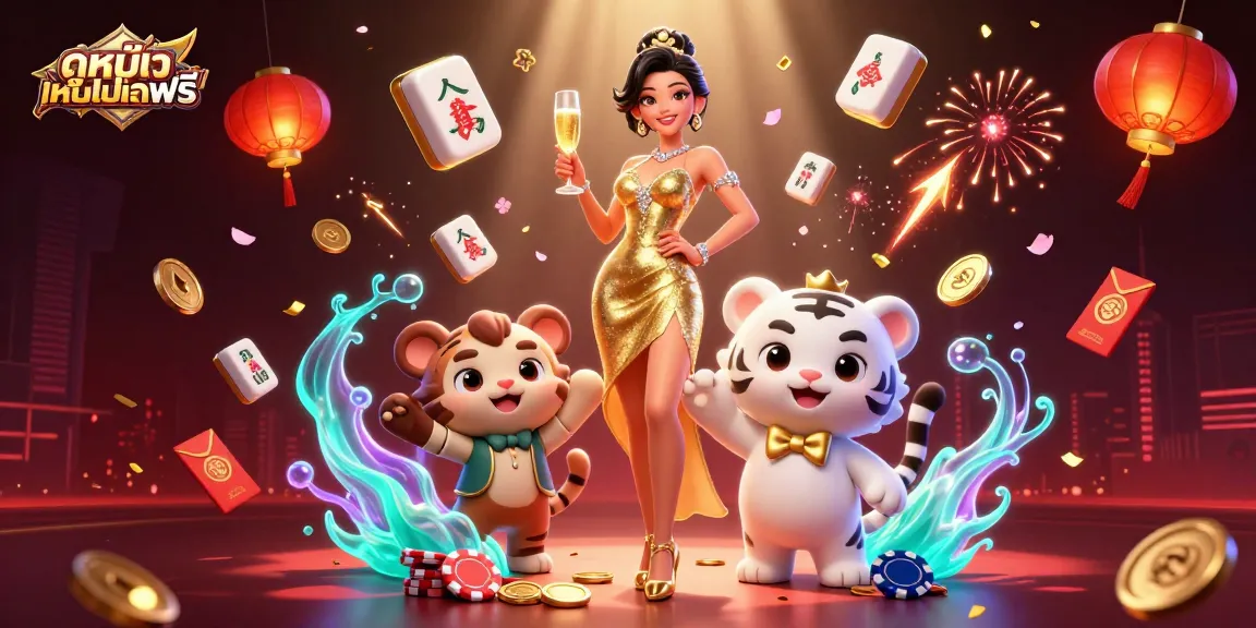 Play ดูหนังออนไลน์ฟรี with iconic themes, featuring a glamorous woman and a lucky tiger amidst a vibrant casino adventure.