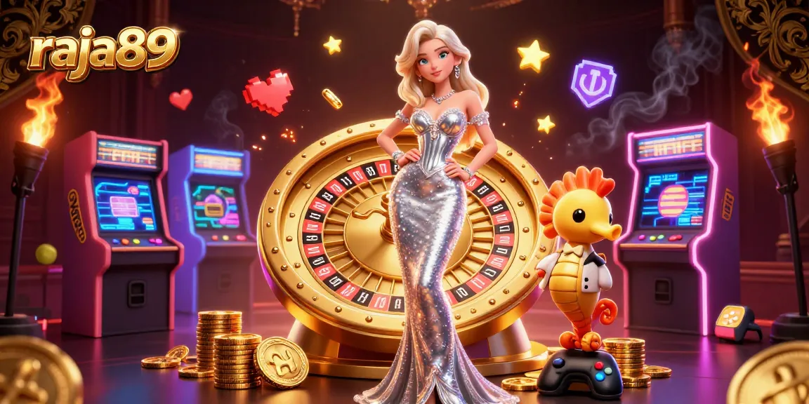 Engage in thrilling gameplay at raja89, featuring a glamorous scene with golden roulette and vibrant arcade elements.