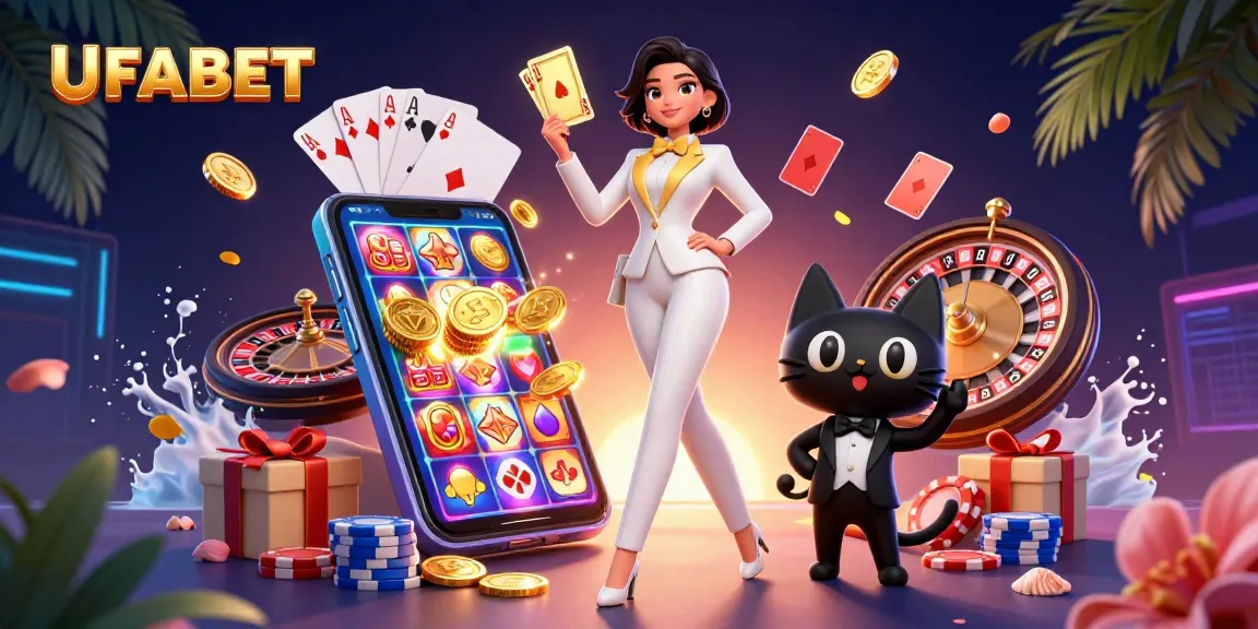 UFABET offers thrilling gaming experiences with vibrant visuals from slot games and poker in a dynamic casino scene.