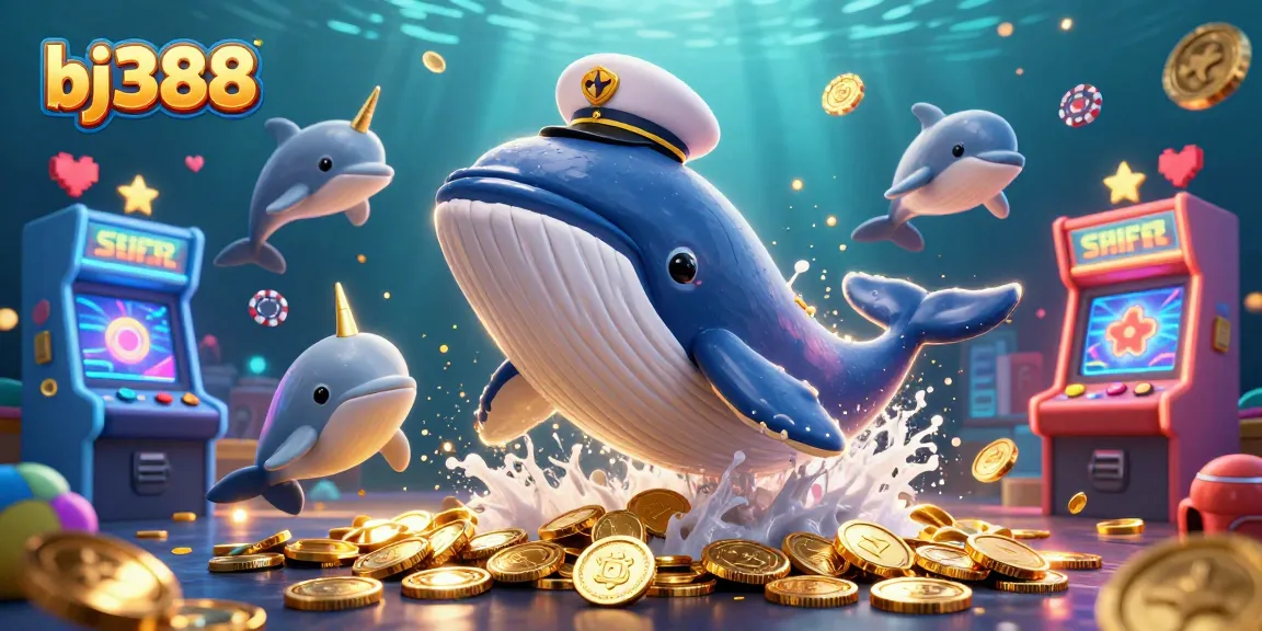 Join the excitement at bj388 with thrilling dolphin tricks, a majestic whale, and vibrant casino elements!