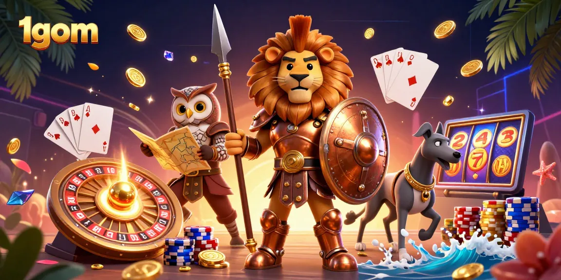 Engage with 1gom's heroic scene of a Spartan lion, owl strategist, and greyhound in a rich casino environment.
