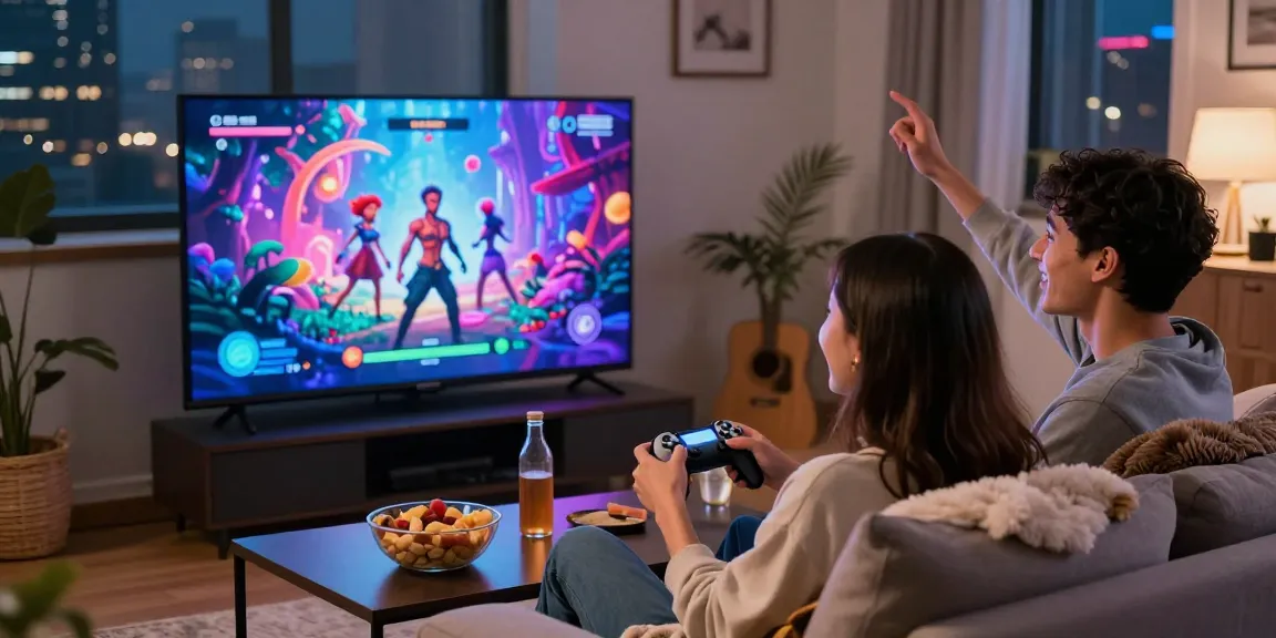 Couple enjoying a lewdspot gaming night on a couch with interactive sex game on TV.