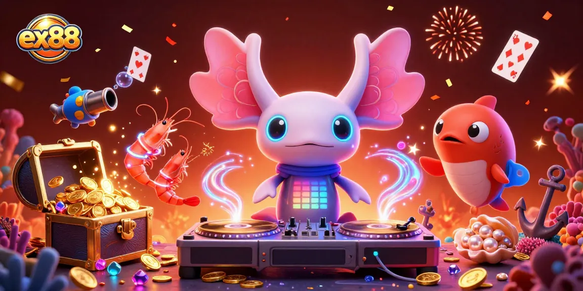 Experience exhilarating gameplay at EX88 with vibrant 3D characters enjoying fishing and gambling.