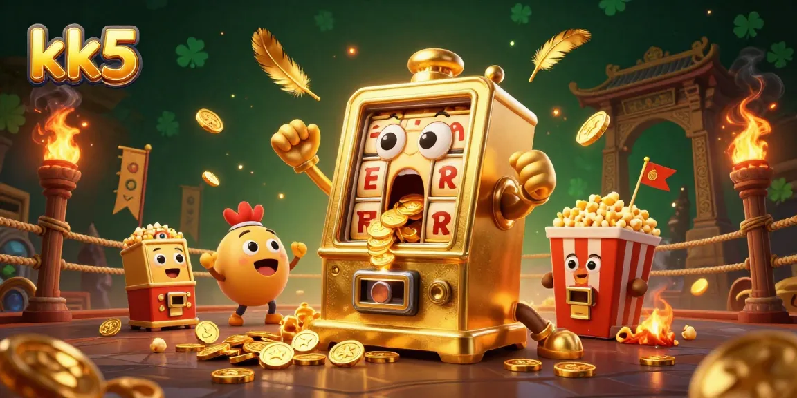 Experience kk5's thrilling golden slot machine hitting a jackpot, surrounded by cheering baby machines and gold coins.