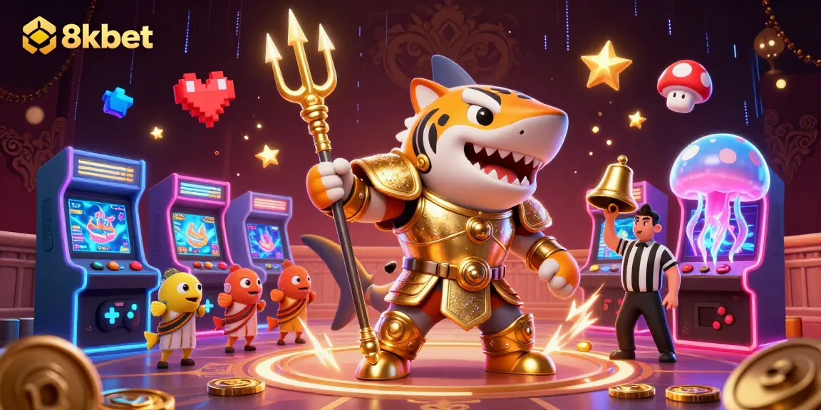 Experience the excitement of 8xbet with a vibrant underwater colosseum featuring a tiger shark gladiator and underwater elements.