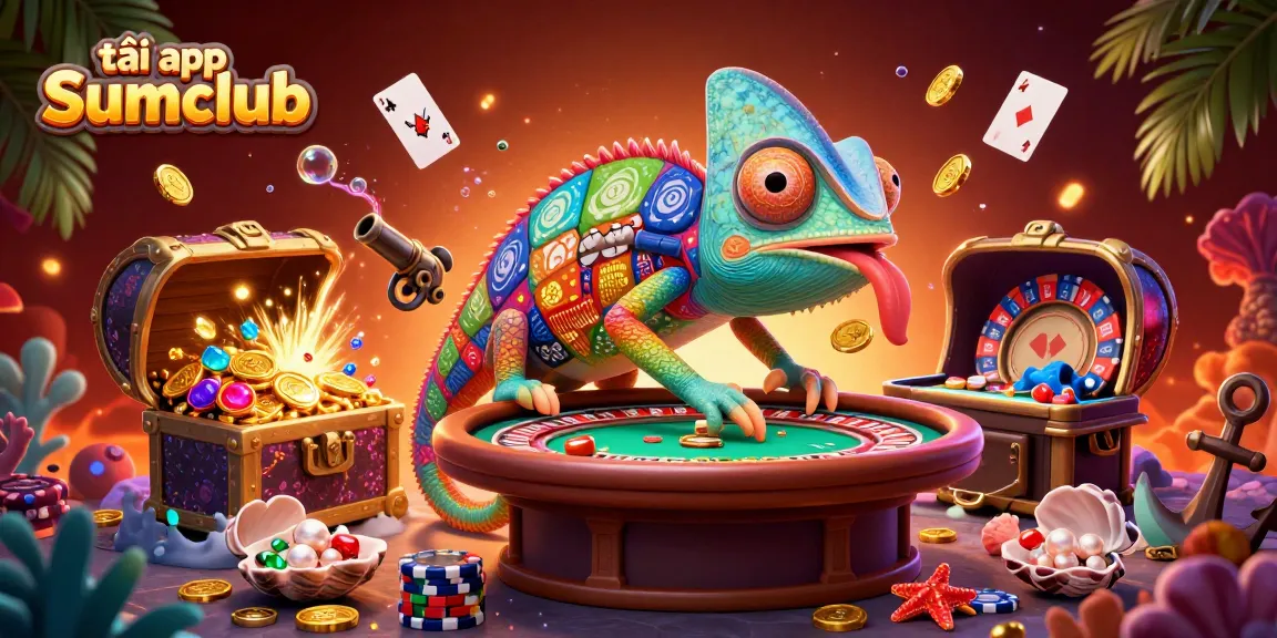 Tải app Sumclub to experience a vibrant casino world with colorful chameleon and treasure elements.