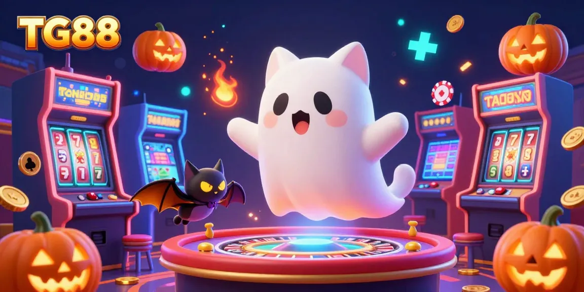 TG88 engages players in a vibrant casino atmosphere with a ghost cat and vampire bat amidst glowing slot machines.