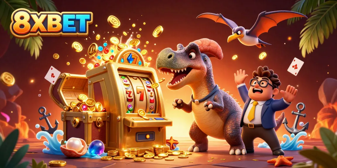 8XBET offers thrilling slots action with a dinosaur celebrating a jackpot payout amidst colorful casino elements.