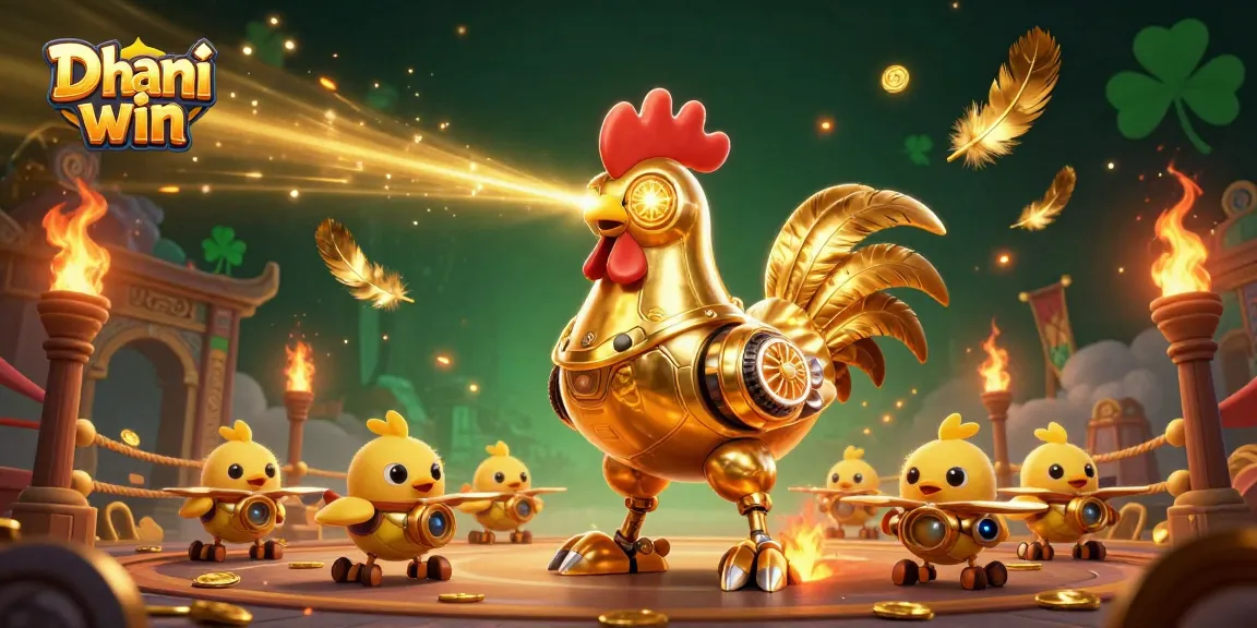 Dhani win delivers thrilling gameplay, featuring a golden rooster robot and baby chick drones in an exciting casino setting.