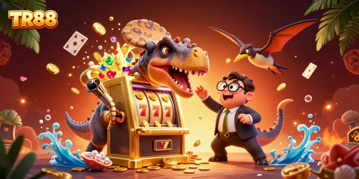 TR88 offers exciting slot jackpots as a dinosaur wins big with a golden machine surrounded by coins.