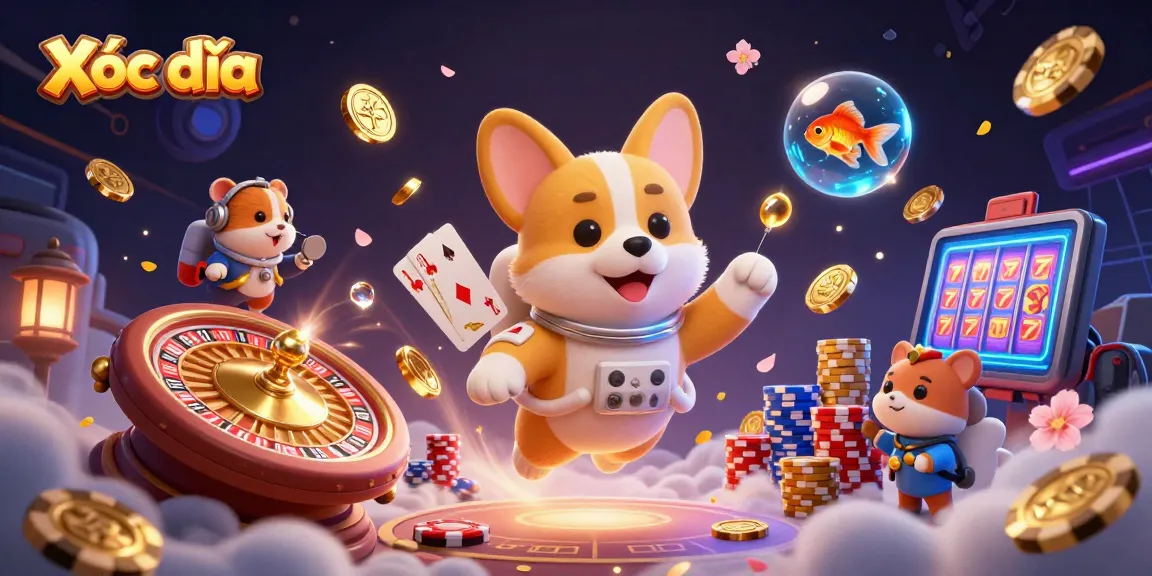 Xóc đĩa gameplay featuring 3D astronaut corgi in space casino with floating coins and dynamic game elements.
