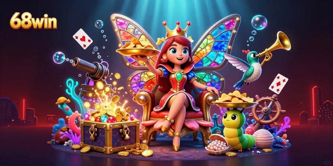 Experience the vibrant games of 68win with a colorful casino underwater scene featuring a butterfly queen and elements of luck.