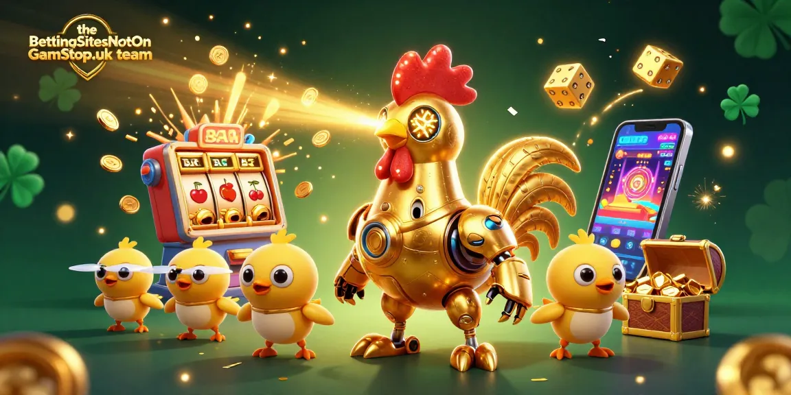 The BettingSitesNotOnGamStop.uk team showcases an exciting 3D casino scene with golden rooster robot and dynamic slot action.