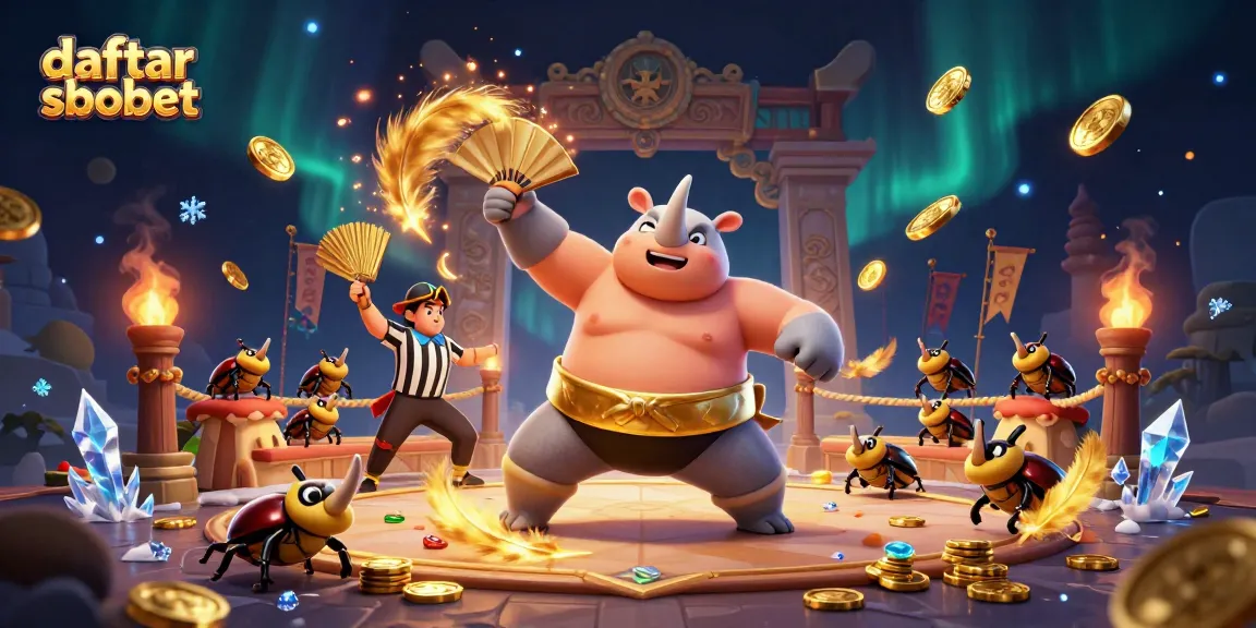 Bet on daftar sbobet while a sumo champion stomps, showering golden coins in an exciting arena.