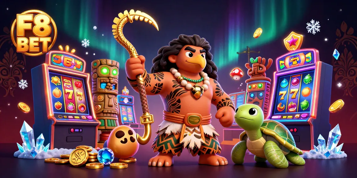 Engage with F8 BET at the vibrant casino scene featuring a tribal demigod and slot machines.